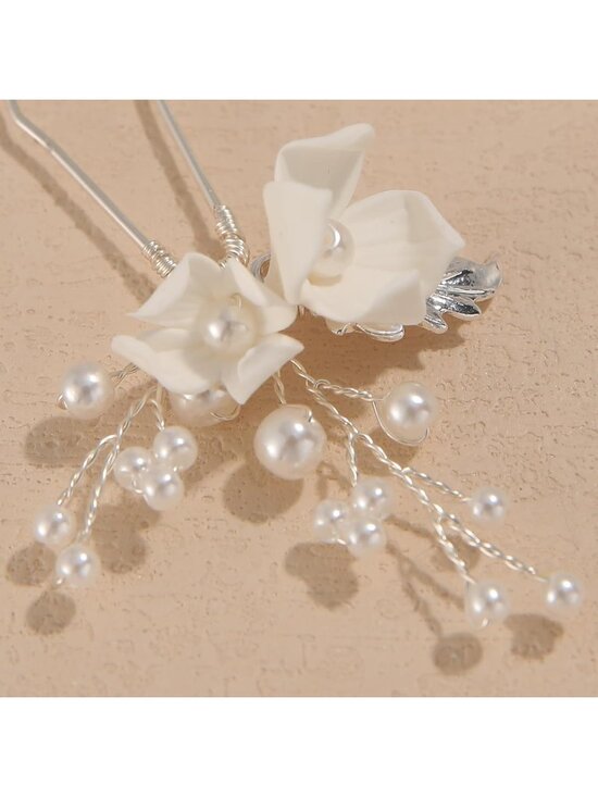 Women\'s Silver Rhinestone Crystal Handmade Bridesmaid Floral Pearl Hair Pins main image 6